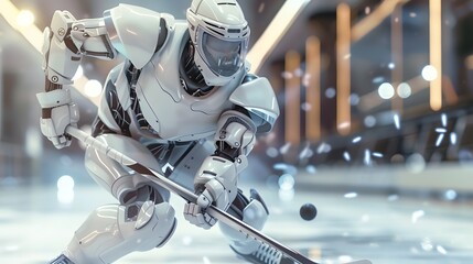 Robot Hockey Player Shooting Puck: A robot hockey player taking a powerful shot, aiming for the goal.
