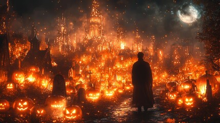 Poster - On a scary Halloween night, a park or street with pumpkins looks spooky in autumn