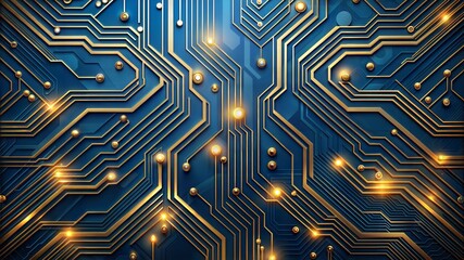 Gold and blue circuit board design, intricate technology pattern, modern digital art