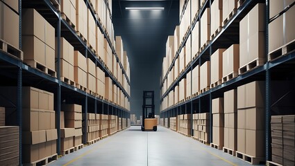 Stacks of Cardboard Boxes on shelves at Modern warehouse