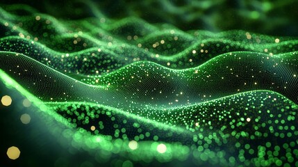 Leinwandbilder - Green particles move in a wave-like pattern to create a dynamic and abstract background.