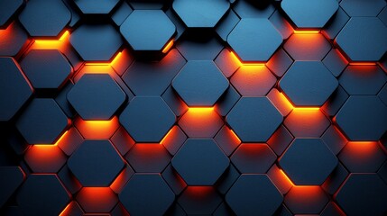Leinwandbilder - A futuristic and dynamic hexagonal pattern with glowing orange and blue highlights.