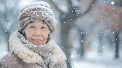 Wall Mural - Elderly Asian Woman in Warm Winter Coat Standing in Snowfall. Concept of Cold Weather, Elderly Care, Winter Fashion, Seasonal Outdoors