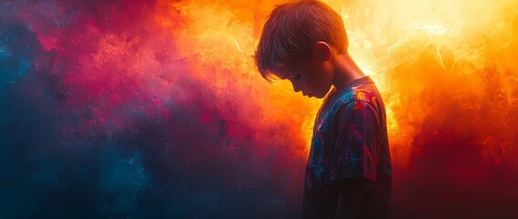 Aufkleber - Boy in profile with colorful abstract background blending shades of orange, pink, and blue.