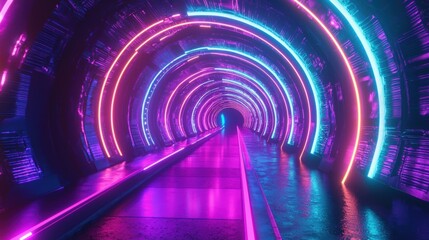 Wall Mural - A vibrant, futuristic tunnel illuminated by neon lights in pink and blue hues, creating a captivating visual experience.