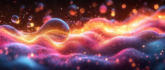 Leinwandbilder - Colorful waves and spheres adorn this abstract landscape with dynamic fluidity.