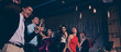 © deagreez - Low angle view of beautiful charming graceful vogue elegant slim cheerful ecstatic glad ladies and trendy funny gentlemen in formal-wear, corporate company event, chill out at fasionable night club
