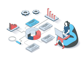 Fototapete - Data analysis 3d isometric concept with isometry people design for web. Woman working at laptop, making finance research and report, analyzing big datum at diagrams and graphs. Vector illustration.