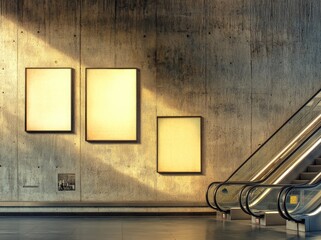 Wall Mural - Three blank light boxes on the wall behind an escalator.