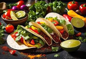 Poster - colorful display vibrant taco ingredients including fresh tortillas set bright colorful background, vegetables, spices, peppers, onions, tomatoes, cilantro