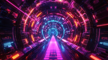 Wall Mural - Futuristic tunnel with vibrant neon lights, creating a mesmerizing digital atmosphere that invites exploration and adventure.