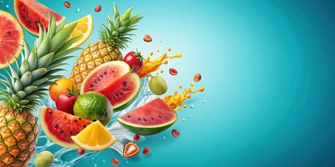 Colorful flyer featuring splashes of summer fruits like watermelons and pineapples on a gradient blue background, fruits