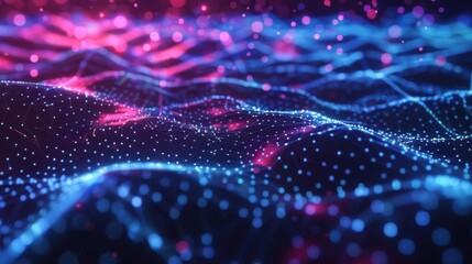 Wall Mural - Futuristic data network visualization, abstract digital landscape with interconnected nodes and lines, glowing blue and purple hues, 3D effect, representing AI, big data, or a technological