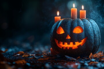 Canvas Print - This year's Halloween pumpkin smile has burning fire eyes and a bad smile with sharp teeth. It has a dark orange glow and spooky painted face.