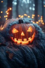 Canvas Print - The Halloween pumpkin head with a Jack-o-lantern face. Scary evil and spooky elements for Halloween. Halloween part and Halloween attributes.