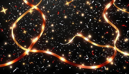 Serpentine streamers with stars and confetti - 3D render illustration isolated with white highlights, png