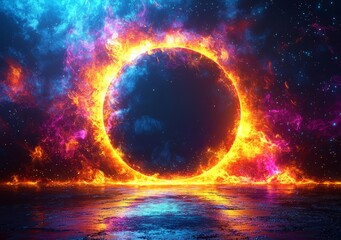 Aufkleber - An abstract circle glowing with neon light on a dark blue background.