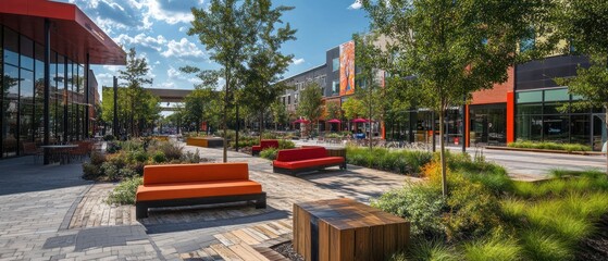 Urban Courtyard with Orange Couches and Greenery