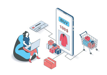 Leinwandbilder - E-commerce 3d isometric concept with isometry people design for web. Woman choosing new clothes at laptop or mobile app, ordering products and making online payment, gets gifts. Vector illustration.