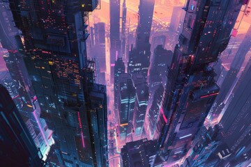 Wall Mural - Futuristic Cityscape with Illuminated Towers and Roads