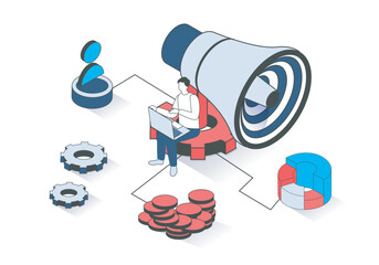 Wall Mural - marketing 3d isometric concept with isometry people design for web. man with huge megaphone doing ad