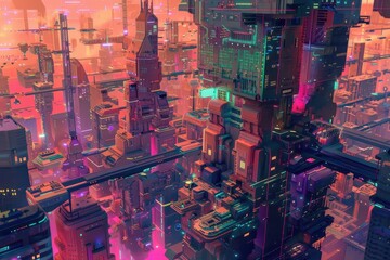 Wall Mural - An Aerial View of a Futuristic City with Illuminated Buildings