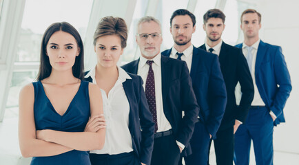 Sticker - Successful serious business people standing in row in office