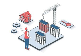 Leinwandbilder - Real estate 3d isometric concept with isometry people design for web. Man working at construction site, building new suburb residential houses and skyscraper apartments for sales. Vector illustration.