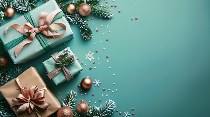 Wall Mural - A festive banner with gift boxes wrapped in velvet ribbons and paper decorations on a turquoise background