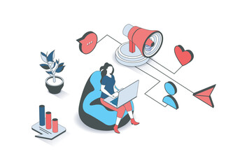 Leinwandbilder - Social media marketing 3d isometric concept with isometry people design for web. Woman making online promotion, attracting new following audience, sending promo messages in chats. Vector illustration.