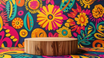 Vibrant Brazilian carnival-inspired floral pattern with bold colors and a wooden circular platform