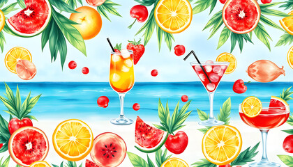 watercolor pattern beach bar cocktail tropics paradise vacation party juicy bright summer fruits textiles fabrics wallpaper paper ornament pattern print isolated with white highlights, png