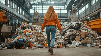 Wall Mural - A woman in an orange jacket and jeans stands in front of a large pile of garbage inside an industrial recycling plant.