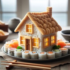 a house created from sushi on a plate