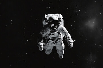 an astronaut floating in space in black and white photography on black backgraund