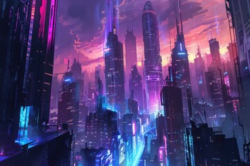 Wall Mural - Futuristic Cityscape with Illuminated Towers and Roadway