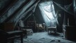© Nawarit - Haunted attic filled with cobwebs, old furniture, and ghostly whispers, Creepy, Cool Tones, Detailed