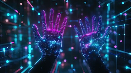 Robot and human hands, palms open, supporting a digital world with futuristic light patterns.