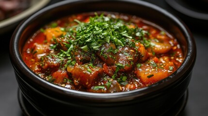 Wall Mural - Shark fin stew garnished with fresh herbs, presented in a deep ceramic bowl with a dark background.