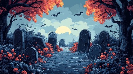 Eerie Halloween scene of a graveyard path lined with tombstones, glowing pumpkins, and bats flying under a full moon.