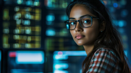 A professional, confident South Asian woman sitting at her desk in a modern and bright office. Natural candid advertising style. Wide landscape aspect ration 16:9