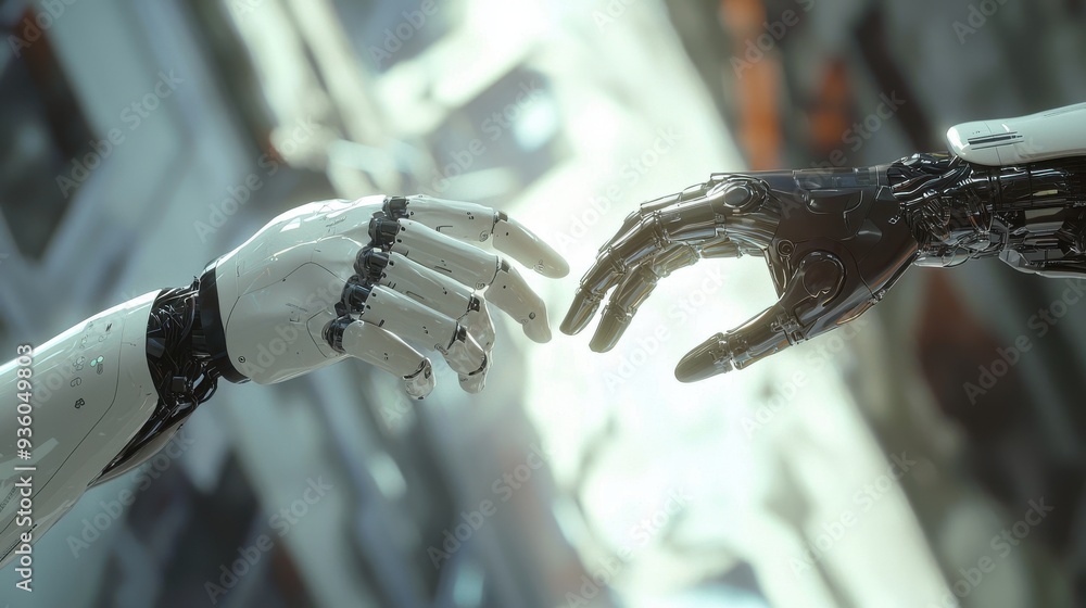 A human and robot reaching out to touch hands in a symbolic gesture of ...