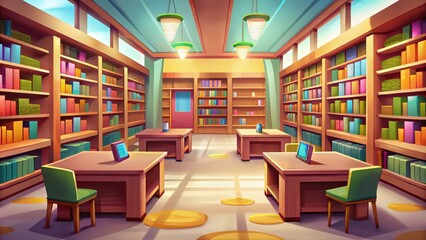 Poster - Cartoon Illustration of a Bookstore Interior with Bookshelves, Tables, and Chairs