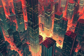 Wall Mural - Futuristic Cityscape with Glowing Lines and Red Highlights