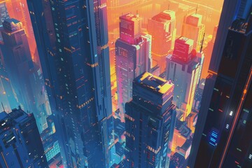 Wall Mural - Futuristic Cityscape with Tall Buildings and Bright Lights