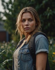 Wall Mural - portrait of a woman 
in a denim shirt and with a backpack