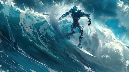 Wall Mural - robot surfer riding wave: a robot surfer maintaining balance and grace while riding a massive wave.