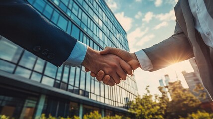 Two professionals shaking hands in front of a modern office building