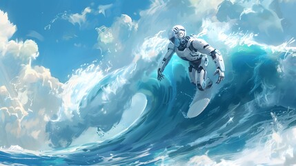 Wall Mural - robot surfer riding wave: a robot surfer maintaining balance and grace while riding a massive wave.