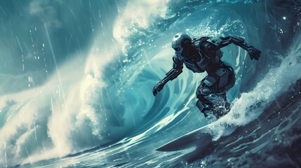 Wall Mural - robot surfer riding wave: a robot surfer maintaining balance and grace while riding a massive wave.